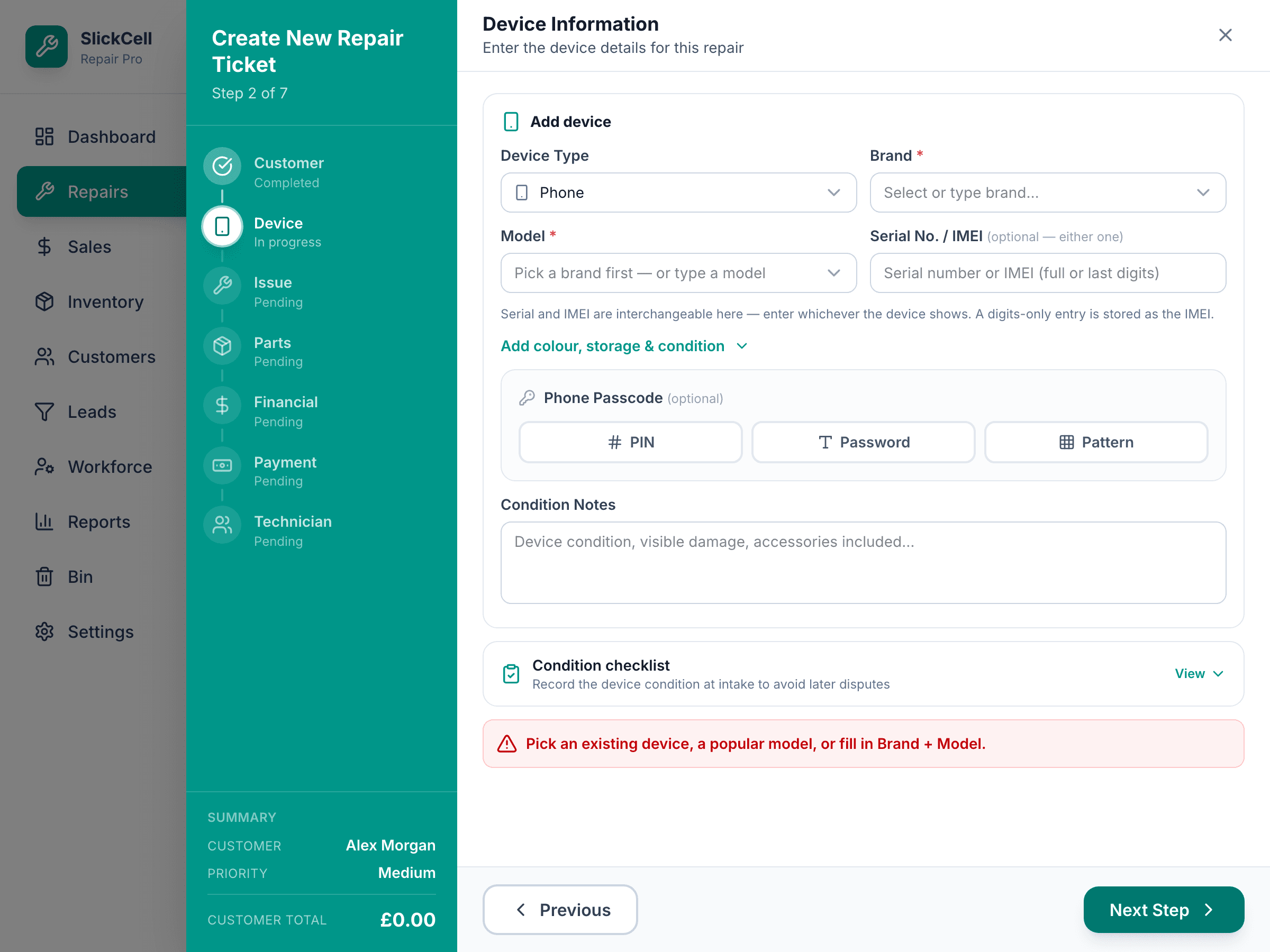 Step six of a new ticket: an upfront deposit amount and the payment method.